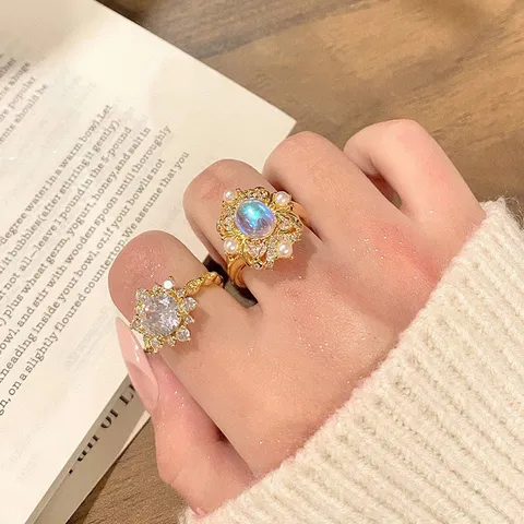 French Vintage Rainbow Zirconia Adjustable Open Rings For Women Light Luxury Alloy Rhinestone Artificial Pearl Finger Ring Jewelry Gift
