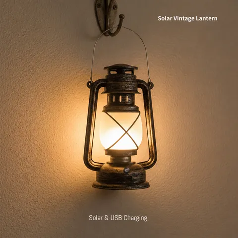 Vintage Retro Solar Rechargeable LED Camping Lantern Dimmable Hurricane Lamp For Outdoor Hanging Hiking Garden Home Decoration