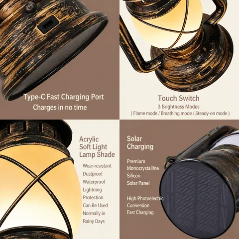 Vintage Retro Solar Rechargeable LED Camping Lantern Dimmable Hurricane Lamp For Outdoor Hanging Hiking Garden Home Decoration