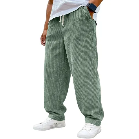 Pantalon Décontracté en Velours Côtelé Rétro Américain pour Hommes Coupe Ample Jambe Droite Cordon de Serrage Taille Rayures Verticales Patchwork Multi-Poches