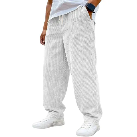 Pantalon Décontracté en Velours Côtelé Rétro Américain pour Hommes Coupe Ample Jambe Droite Cordon de Serrage Taille Rayures Verticales Patchwork Multi-Poches