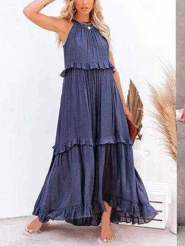 Women Halter Neck Tiered Maxi Dress Polyester Spandex Ruffle Sleeveless Elegant Summer Long Dress Boho Beach Sun Dress