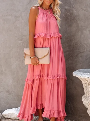 Women Halter Neck Tiered Maxi Dress Polyester Spandex Ruffle Sleeveless Elegant Summer Long Dress Boho Beach Sun Dress