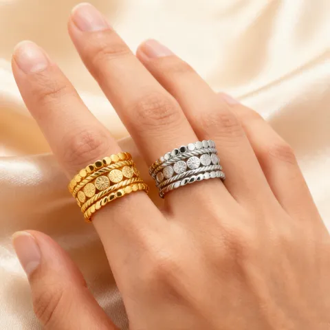 Luxury Stainless Steel Wide Band Multi-Layer Adjustable Open Ring 18K Gold Plated Vintage Sunflower Geometric Finger Ring For Women Jewelry