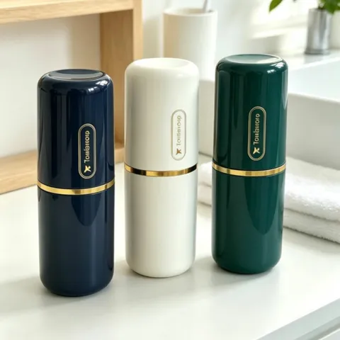 Portable Travel Toothbrush Holder Cup Plastic Bathroom Toothpaste Storage Case With Gold Ring For Trip Business Travel