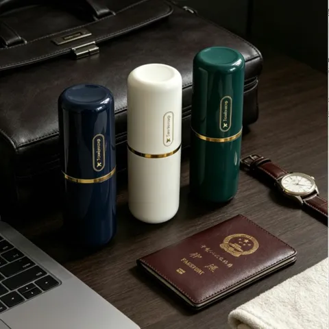 Portable Travel Toothbrush Holder Cup Plastic Bathroom Toothpaste Storage Case With Gold Ring For Trip Business Travel