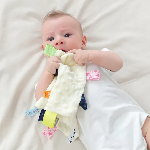 Baby Security Blanket Soft Minky Dot Fabric Appease Towel With Colorful Sensory Tags Comforting Sleeping Tool For Infants Toddlers