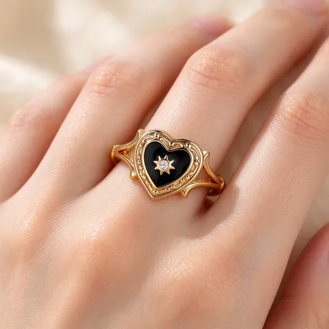 Gothic Copper Heart Ring For Women Gold Plated Black Green Enamel Drip Oil Rhinestone Inlaid Minimalist Fashion Finger Ring