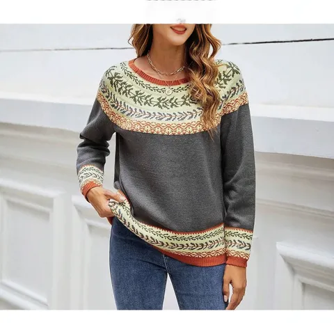 Dames Sweet Kleurblok Fair Isle Gebreide Trui Ronde Hals Lange Mouw Pullover Herfst Winter Casual Mode Top
