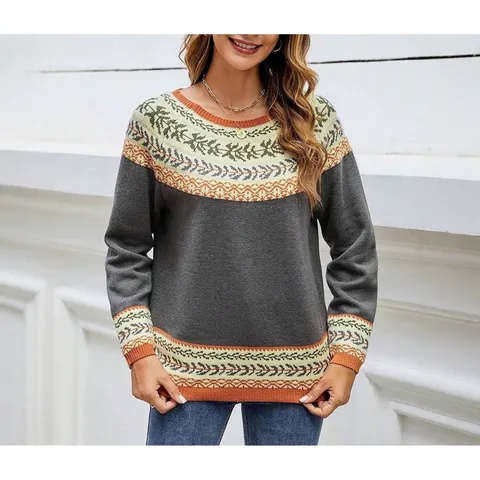 Dames Sweet Kleurblok Fair Isle Gebreide Trui Ronde Hals Lange Mouw Pullover Herfst Winter Casual Mode Top