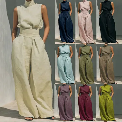 Completo Casual da Donna Due Pezzi Top Senza Maniche a Collo Alto e Pantaloni a Gamba Larga a Vita Alta Tinta Unita Top And Bottom