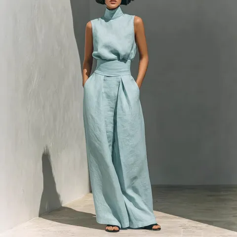 Completo Casual da Donna Due Pezzi Top Senza Maniche a Collo Alto e Pantaloni a Gamba Larga a Vita Alta Tinta Unita Top And Bottom