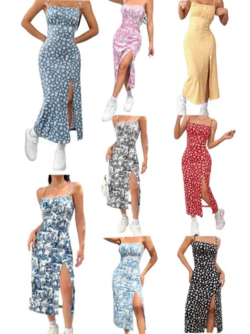 Damen Sexy Spaghetti-Träger Bodycon Maxikleid Vintage Toile-De-Jouy Gänseblümchen Druck Hoher Schlitz Ärmelloses Sommerkleid Für Urlaub