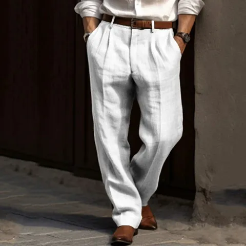 Men's Vintage Pleated Casual Trousers 100% Cotton Summer Straight Leg Breathable Outdoor Sports Pants Regular Fit Bottoms