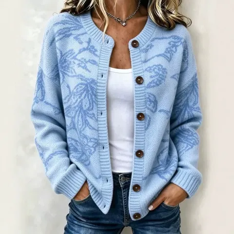 Cárdigan de Punto Jacquard Floral Vintage para Mujer Botones Casual Manga Larga Ajuste Holgado Suéter de Mezcla de Algodón