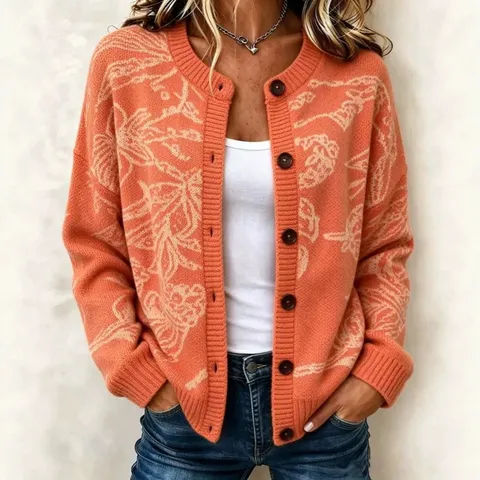 Cárdigan de Punto Jacquard Floral Vintage para Mujer Botones Casual Manga Larga Ajuste Holgado Suéter de Mezcla de Algodón