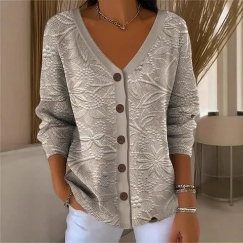 Cardigan en Maille pour Femme avec Impression Numérique 3D Col en V Épaules Tombantes Simple Boutonnage Manches Longues
