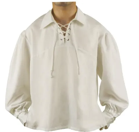 Men's Renaissance Medieval Pirate Shirt Costume Retro V Neck Lace Up Lantern Sleeve Viking Poet Performance Shirt White