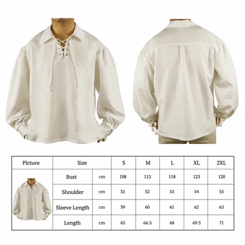 Men's Renaissance Medieval Pirate Shirt Costume Retro V Neck Lace Up Lantern Sleeve Viking Poet Performance Shirt White