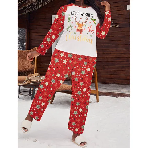 Women's Christmas Reindeer Print Pajama Set Polyester Long Sleeve Top And Bottom Round Neck Star Pattern Loungewear Red White