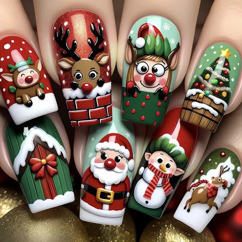 Christmas Press On Nails Reindeer Snowman Snowflake Pattern Full Cover Fake Nails For Women Holiday Party Manicure
