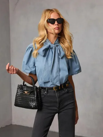 Damen Vintage Jeanshemd Mit Schleifenband Laternenärmel Einreihig Baumwollmischung Lässig Hellblau Langarm Bluse Top