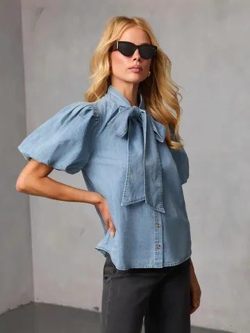 Damen Vintage Jeanshemd Mit Schleifenband Laternenärmel Einreihig Baumwollmischung Lässig Hellblau Langarm Bluse Top