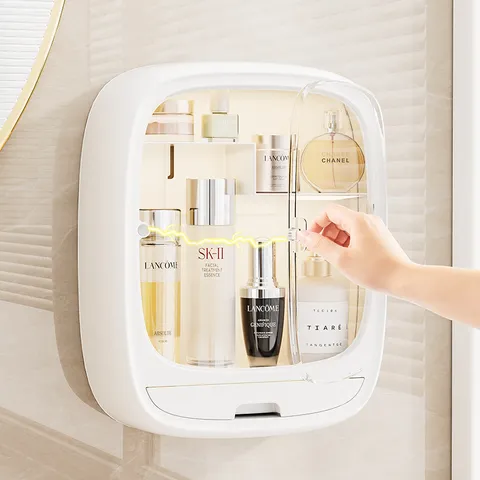 Wall Mounted Cosmetic Storage Box Waterproof Dustproof Plastic Makeup Organizer For Bathroom Bedroom Skin Care Product Holder No Drill Shelf
