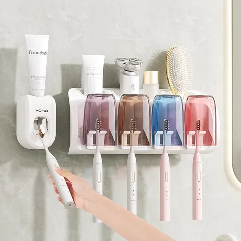 Wall Mounted Toothbrush Holder With Automatic Toothpaste Dispenser Dustproof Cup Bathroom Storage Rack Punch Free Washstand Organizer