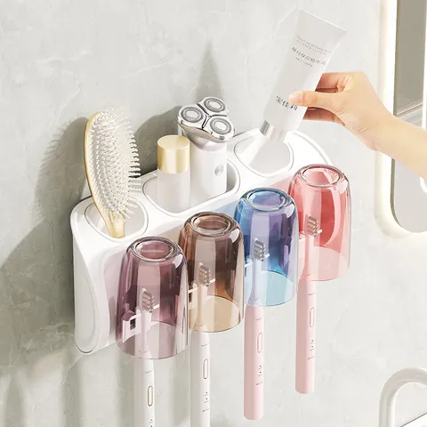 Wall Mounted Toothbrush Holder With Automatic Toothpaste Dispenser Dustproof Cup Bathroom Storage Rack Punch Free Washstand Organizer