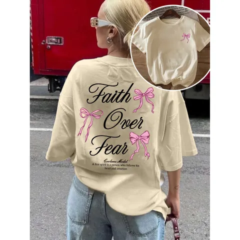 T-Shirt en Coton à Imprimé Graphique Lettres et Nœud Mignon pour Femmes Décontracté Col Rond Manches Courtes Oversize