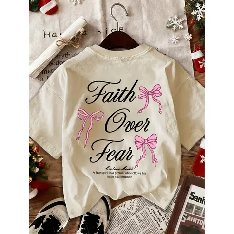 T-Shirt en Coton à Imprimé Graphique Lettres et Nœud Mignon pour Femmes Décontracté Col Rond Manches Courtes Oversize