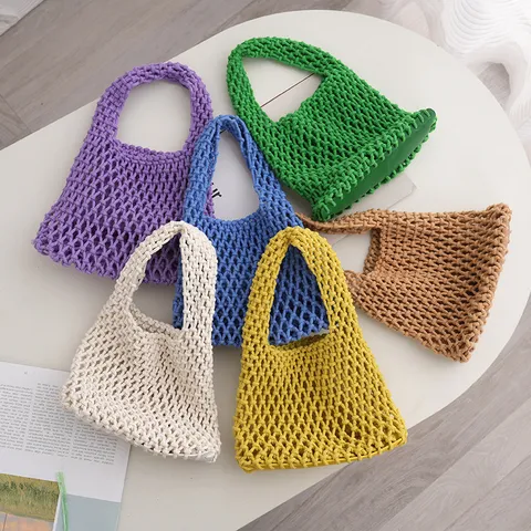 Handgefertigte Gewebte Baumwollfaden Handtasche Für Damen Frühling Sommer Ins Stil Kleine Frische Ajouré Tote Tasche Für Foto Requisite