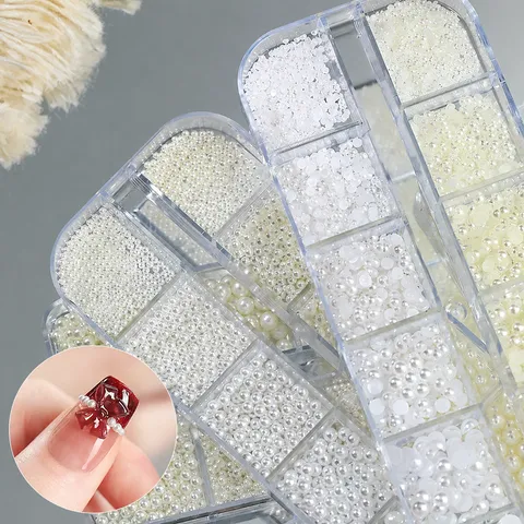 Artificial Pearl ABS Resin Mixed Sizes Flat Back Round Pearls For Nail Art DIY Manicure Accessories Shiny White Ivory Gems Storage Case