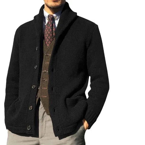 Men's Color Block Knit Cardigan Acrylic Lapel Collar Button Down Long Sleeve Loose Sweater Jacket For Autumn Winter