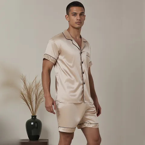 Men's Satin Pajama Set Short Sleeve Button Down Top And Bottom Sleepwear Homewear With Contrast Piping Lapel Collar