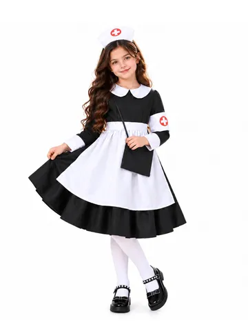 Costume da Infermiera di Halloween per Ragazze Vestito Giochi di Ruolo Con Grembiule Cappello Fascia Borsa per Bambini Cosplay