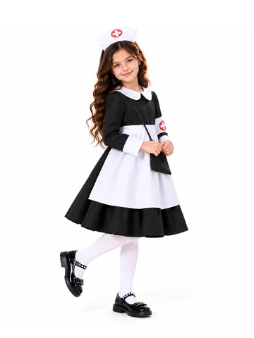Costume da Infermiera di Halloween per Ragazze Vestito Giochi di Ruolo Con Grembiule Cappello Fascia Borsa per Bambini Cosplay
