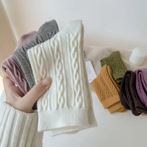 Women's Solid Color Cable Knit Wool Socks Autumn Winter Thickened Warm Mid-Calf Slouchy Socks Soft Cozy Knitted Hosiery