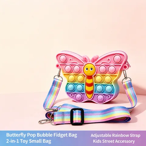 Butterfly Pop It Fidget Shoulder Bag Silicone Rainbow Sensory Toy Crossbody Purse For Toddler Girls Cute Cartoon Style