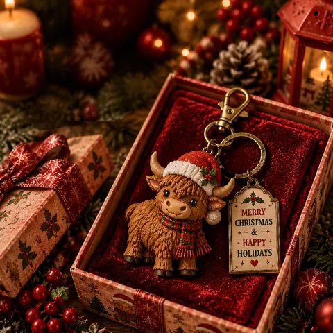 Set Portachiavi di Natale Con Scatola Regalo Acrilico Babbo Natale Pupazzo di Neve Renna Elf Mucca Ciondolo per Festa Decorazione