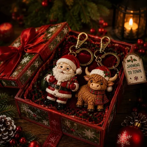 Set Portachiavi di Natale Con Scatola Regalo Acrilico Babbo Natale Pupazzo di Neve Renna Elf Mucca Ciondolo per Festa Decorazione
