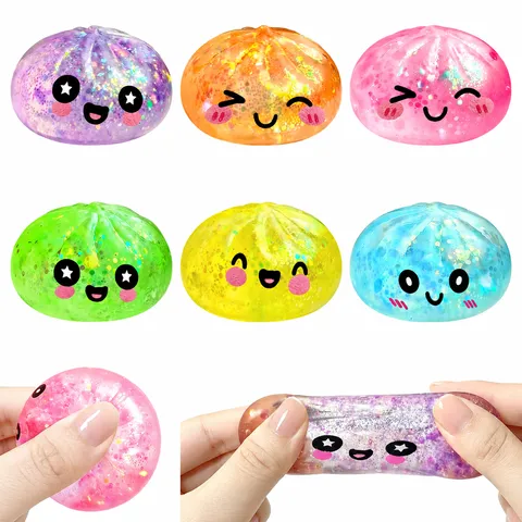 Cartoon Smile Face Squishy Bun Toy Glitter Stress Relief Fidget Squeeze Toy For Kids Adults Office Gift