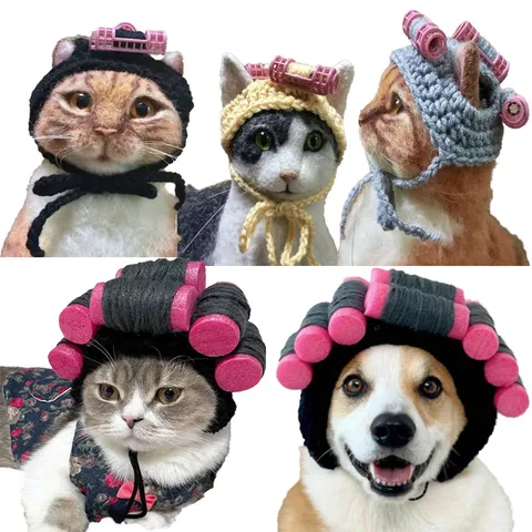 Funny Pet Perm Curler Hat Creative Knitted Headwear For Cats Small Dogs Perming Hair Styling Costume Prop Photography Accessory