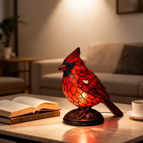 Vintage Cardinal Stained Glass Style Resin Table Lamp Red Bird Decorative Desk Light For Christmas Home Office Decor