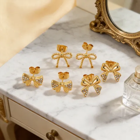 Stainless Steel Bow Heart Flower Stud Earrings With 18K Gold Plating And Zircon Accents For Women Fashion Trendy Jewelry