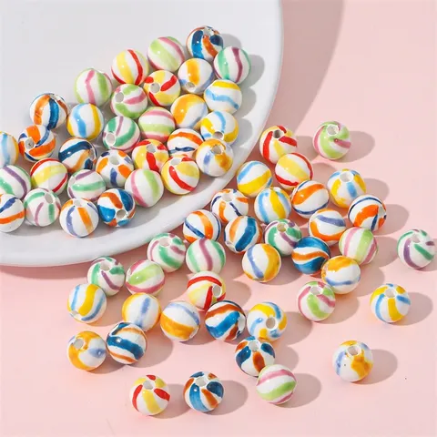 Retro Colorful Striped Ceramic Large Hole Round Loose Beads Hand-painted Glazed Beads For DIY Jewelry Necklace Bracelet Making