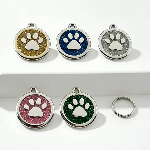 Targhetta Identificativa per Animali Glitterata in Lega di Zinco Tonda Impronta Zampa Cane Gatto Ciondolo Anti-Smarrimento Accessori Collare