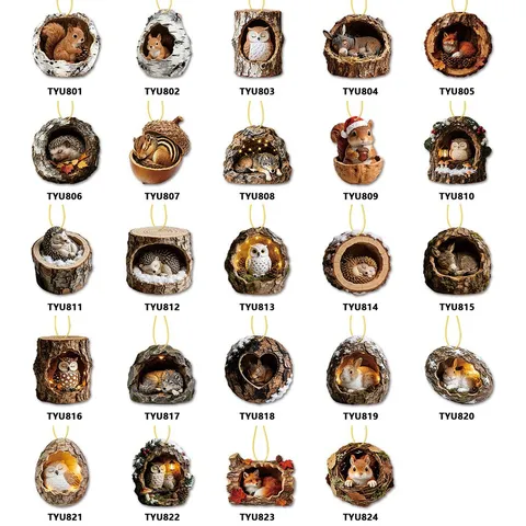 Creative Cartoon Animal Tree Hole Acrylic Pendant 3D Visual Effect Squirrel Owl Ornament For Car Interior Christmas Tree Home Decor