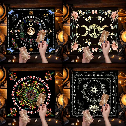 Nappe d'Autel de Tarot Mystique Vintage en Peluche Courte Pentagramme Phase de Lune Astrologique Carrée Tapis de Méditation